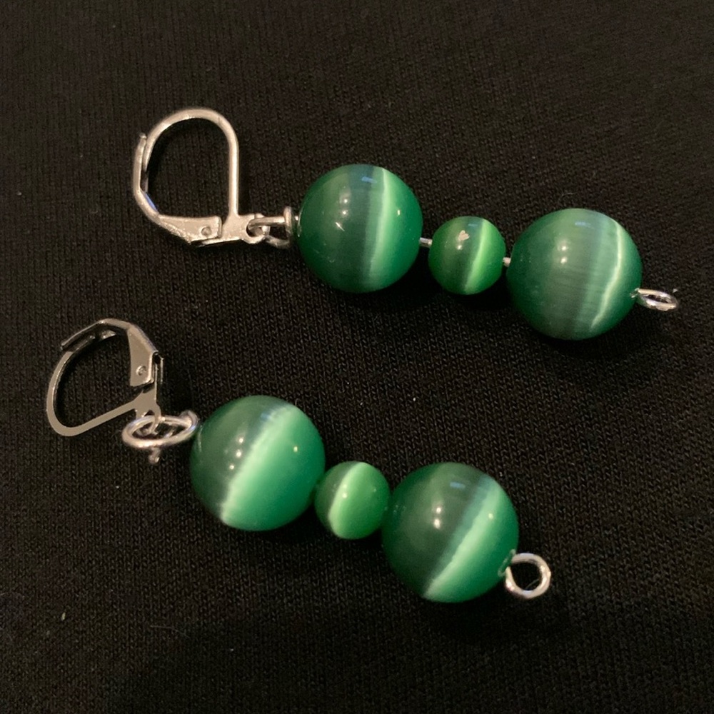 COPY - Vintage Green chatoyant beads used to craft these earrings w/ lever backs